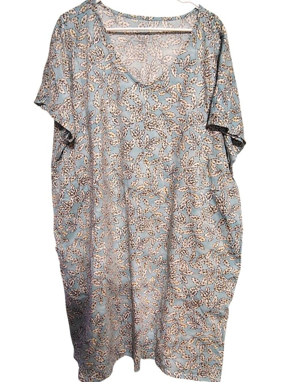 Pure Jill Soft V-Neck T-Shirt Dress, 3X Light Blue White Gray Leaves Cotton